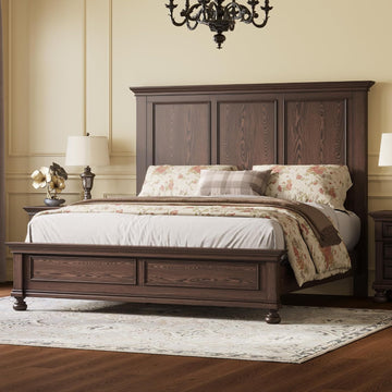 Solid Wood Queen Bed Frame with 65.2" High Headboard, Traditional Platform Bed with Heavy Duty Slats, No Box Spring