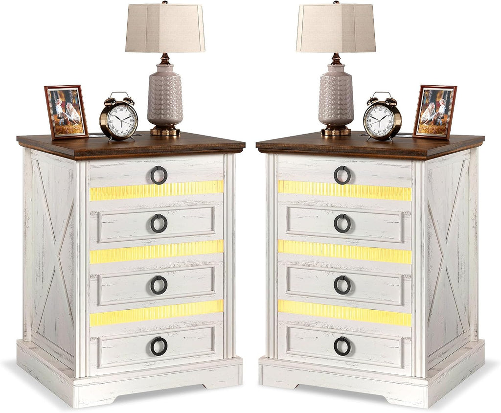 Farmhouse Night Stand Set 2 with Gun Drawer | Bedside Table with Charger Station, LED Nightstand with Human Sensor