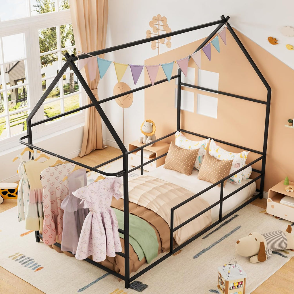 Montessori Bed Metal with Guardrails & Built-in Clothing Rack, No Box Spring Required, Black