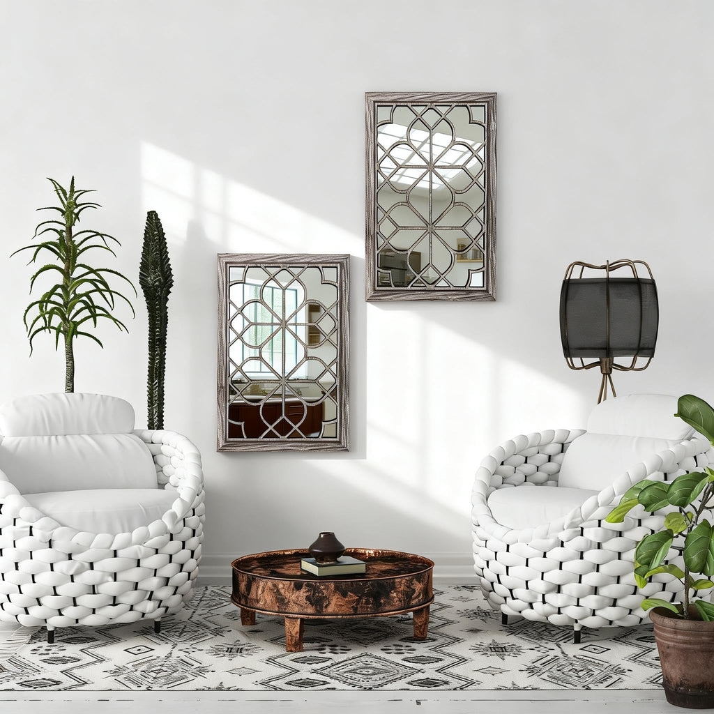 Set of 2 19x26 Inch Large Brown Shatterproof Rectangular Wall Mirrors, Boho Rustic Farmhouse Vintage Accent Mirrors