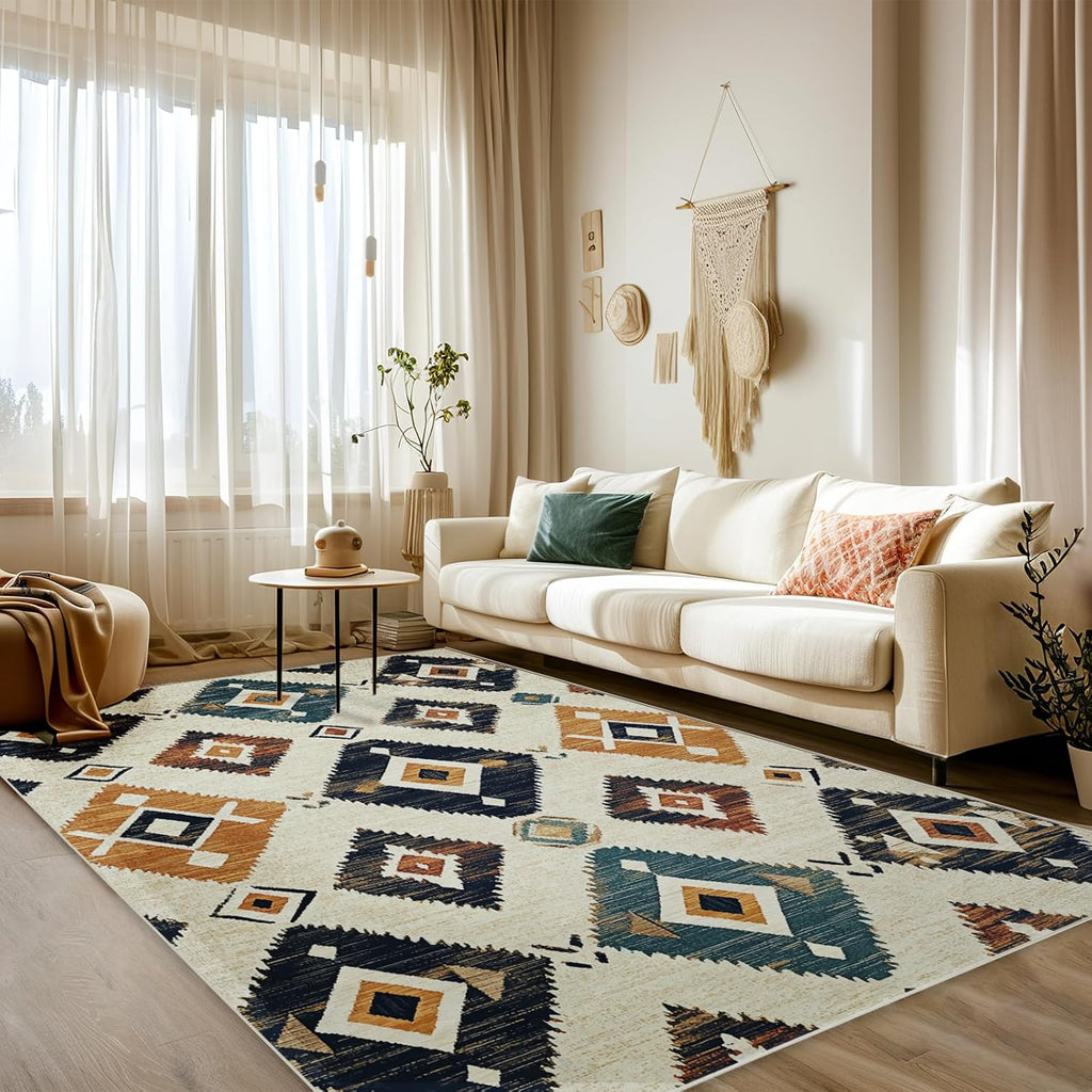 9x12 Western Aztec Rug Southwestern Tribal Navajo Black Beige Tan Area Rug Non Slip Low Pile Thin Large Carpet