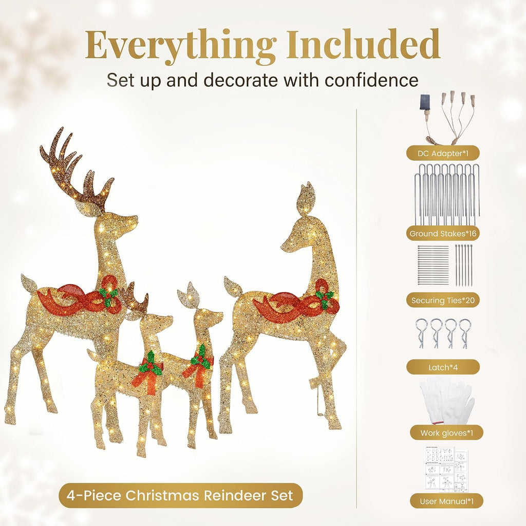 58" 4-Piece 3D Lighted Christmas Deer Family Outdoor Decorations, Large Gold Reindeer Set with 188 Warm White Lights
