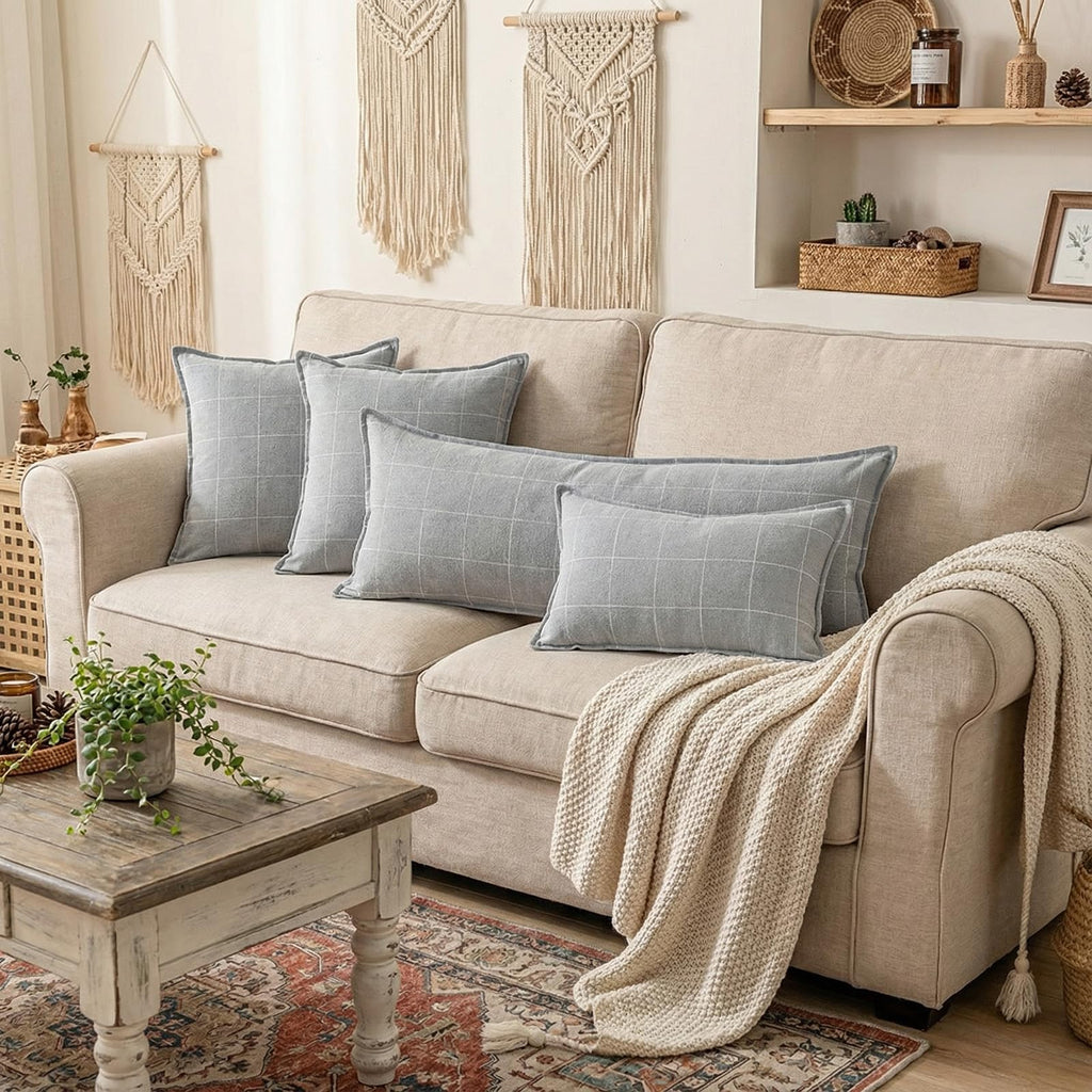 Gray Pillows Neutral Grey Plaid Linen Throw Pillow Covers 20x20 Set of 2