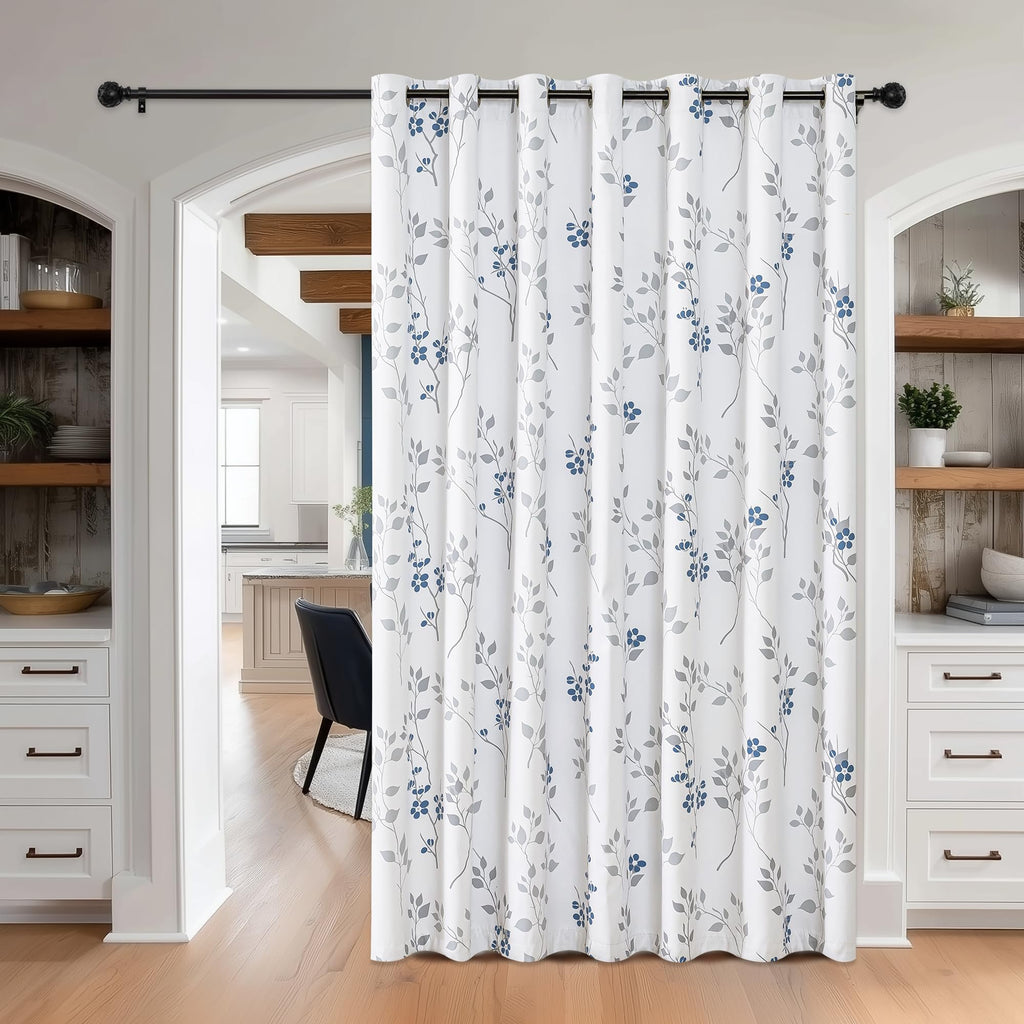 Floral 100% Blackout Sliding Door Curtains Blue Grey 100x84 1 Set