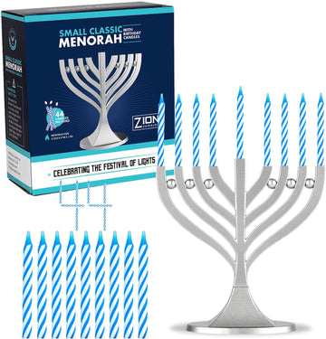 Zion Judaica Mini Classic with Mini Birthday Size Hanukkah Candles - Satin Silver Small Travel Minorah with 44 Blue