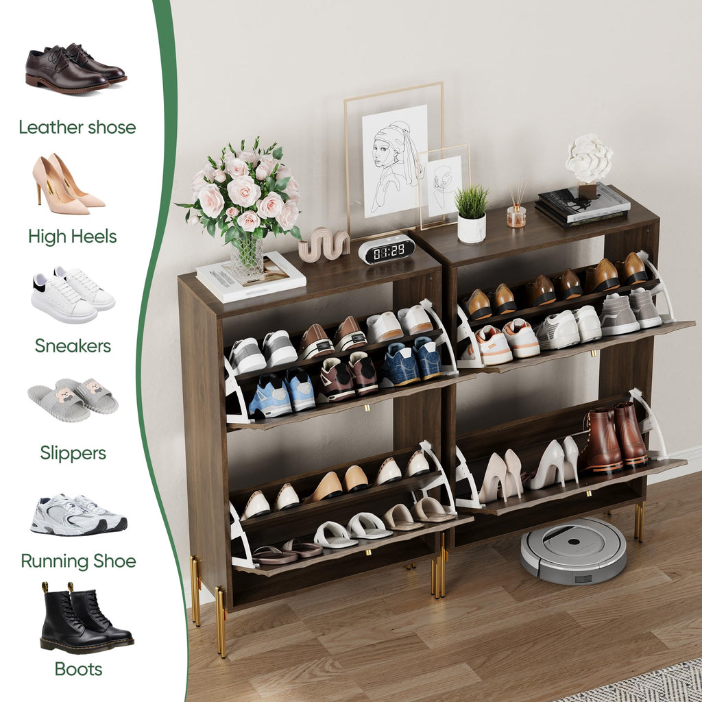 Shoe Storage Cabinet with Textured Diagonal Lines Doors 2 Flip Drawers, Walnut Narrow Shoe Cabinet Storage