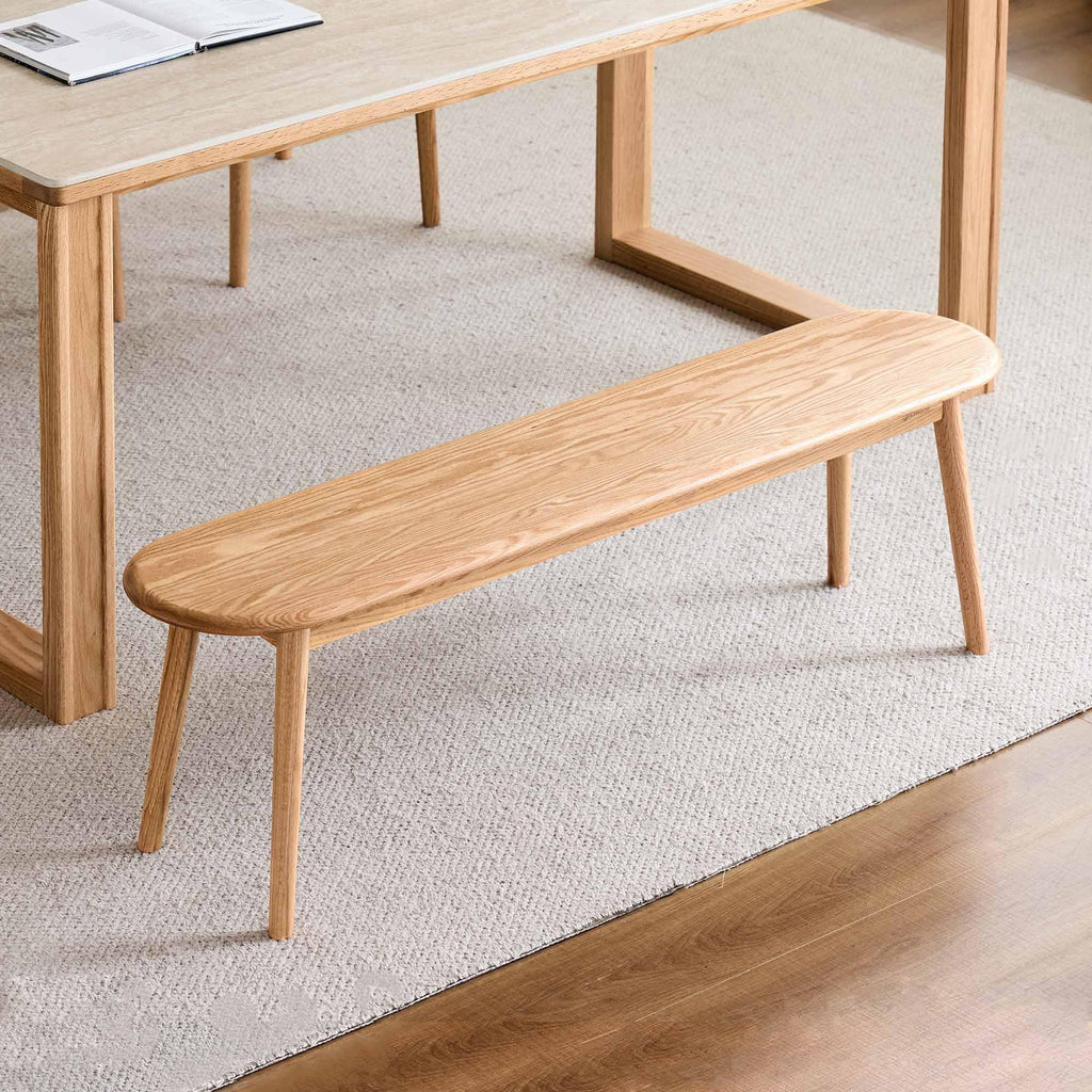 55" Solid Oak Wood Entryway Bench, Dining Bench with Rounded Baguette-Shape Design, Multipurpose Wooden Bench End of