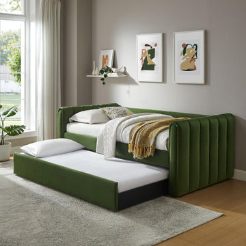 Veyla Twin Size Performance Velvet Daybed in Moss Green with Trundle - Channel Tufted Upholstered Sofa Bed with Wood