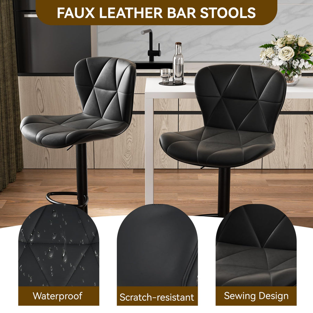 Modern Bar Stools Set of 2, Adjustable Faux Leather Upholstered Swivel Bar Stools, Counter Height Bar Chairs with
