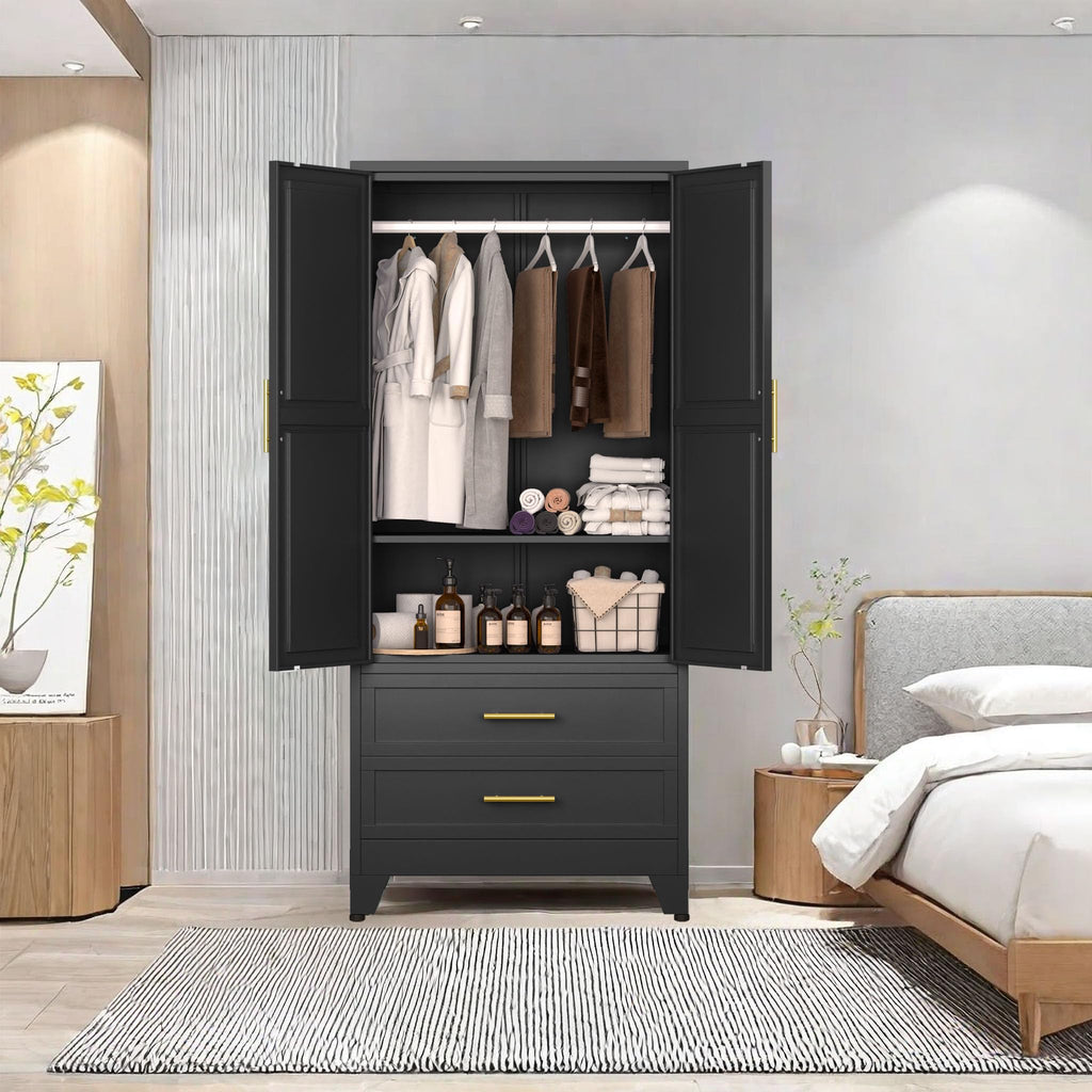 71" Metal Armoire Wardrobe Closet, Tall Clothing Storage Cabinet, Black
