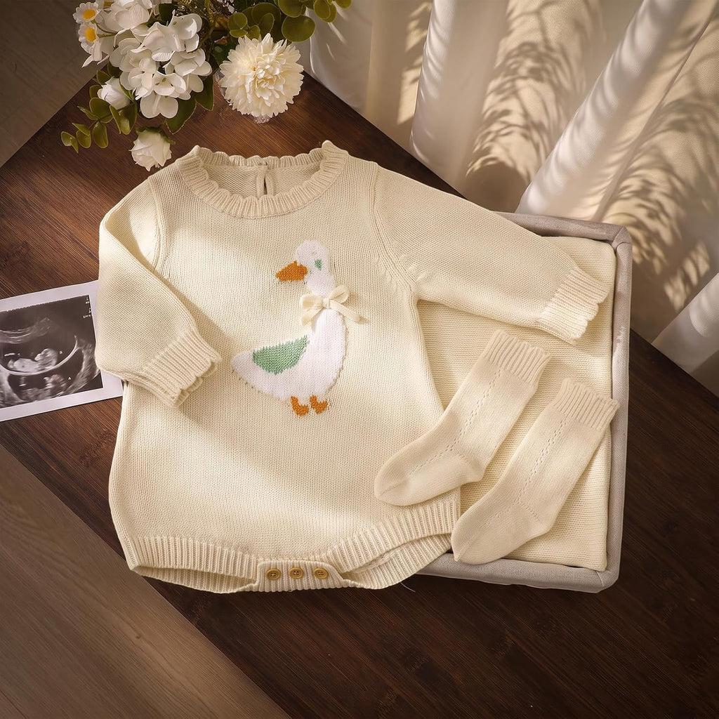 Cotton Baby Knitted Romper Girl Boy Cozy Clothes & Socks Set