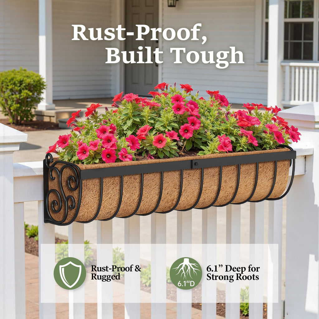 Railing Planter Boxes, 30 Inch Window Boxes Planters, Balcony Planters with Adjustable Brackets & Coco Liner for