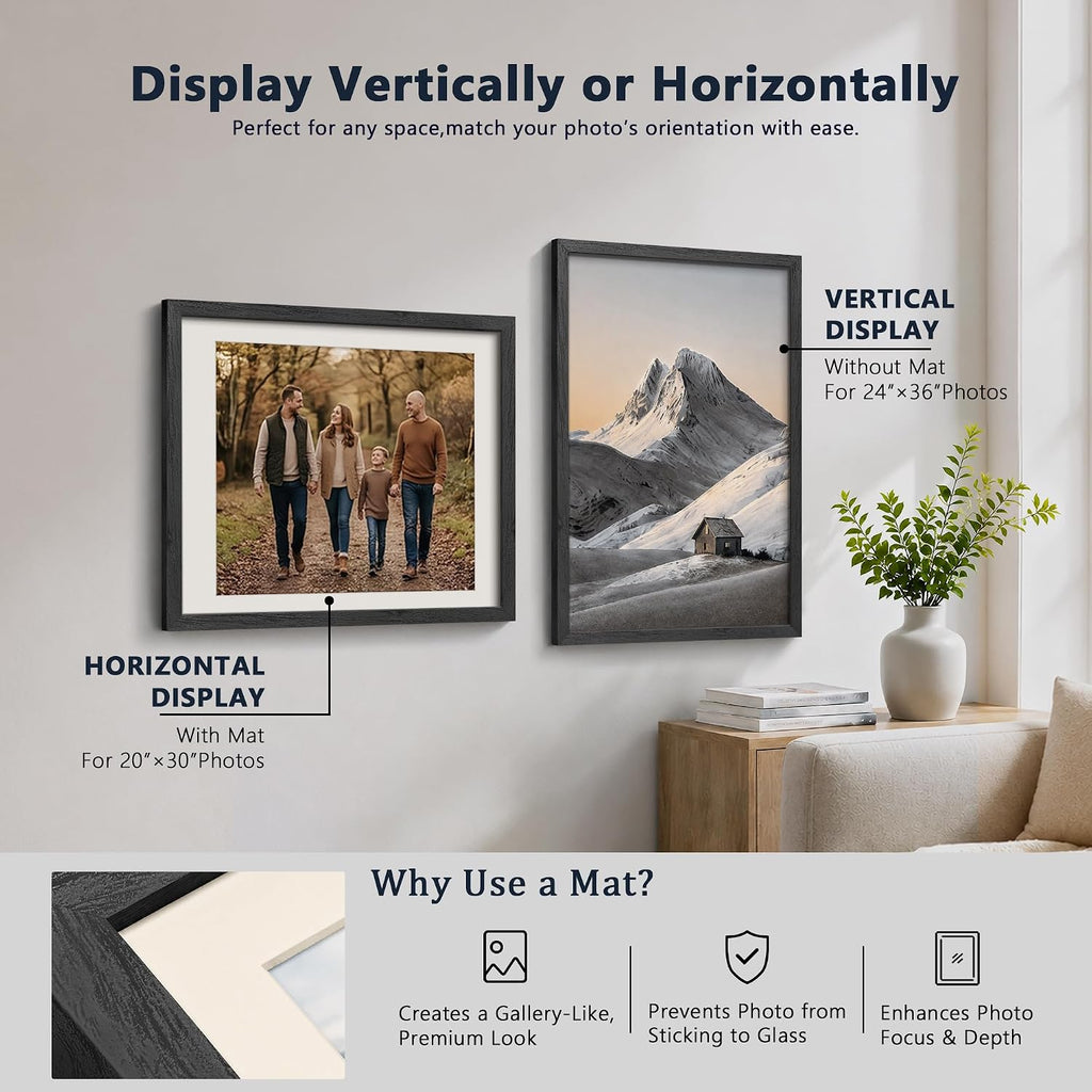 24x36 Frame 5 Pack, Black Solid Wood 20x30 Mat, for Picture | Wide Border, Acid-Free Mat, 24x36 Poster Frame, Wall