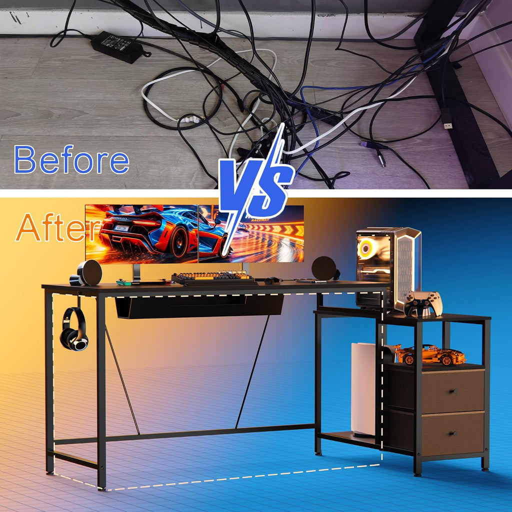 60" Reversible Computer Desk Carbon Fiber Texture Includes Storage Drawers Power Outlet and LED Lights Gaming Desk