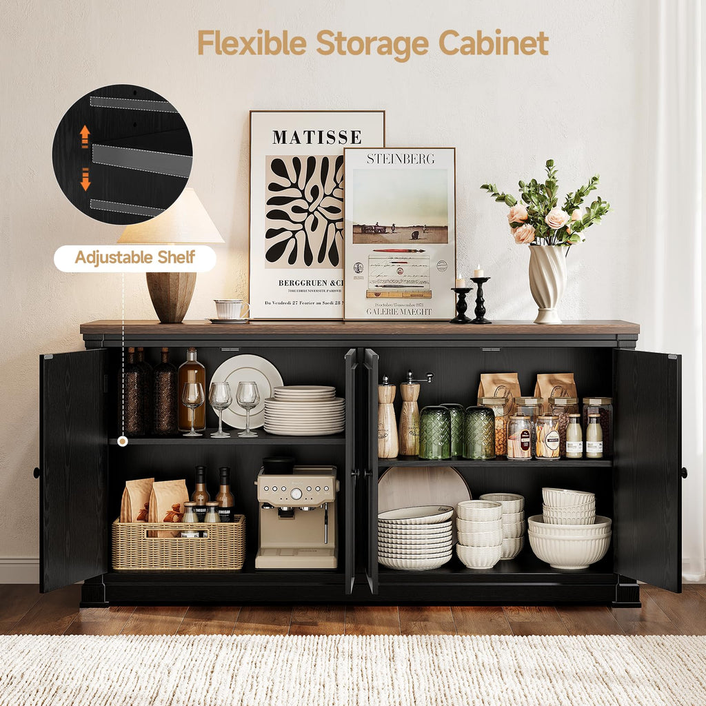 63 Inch Buffet Cabinet with Storage, 4 Barn Doors, Black
