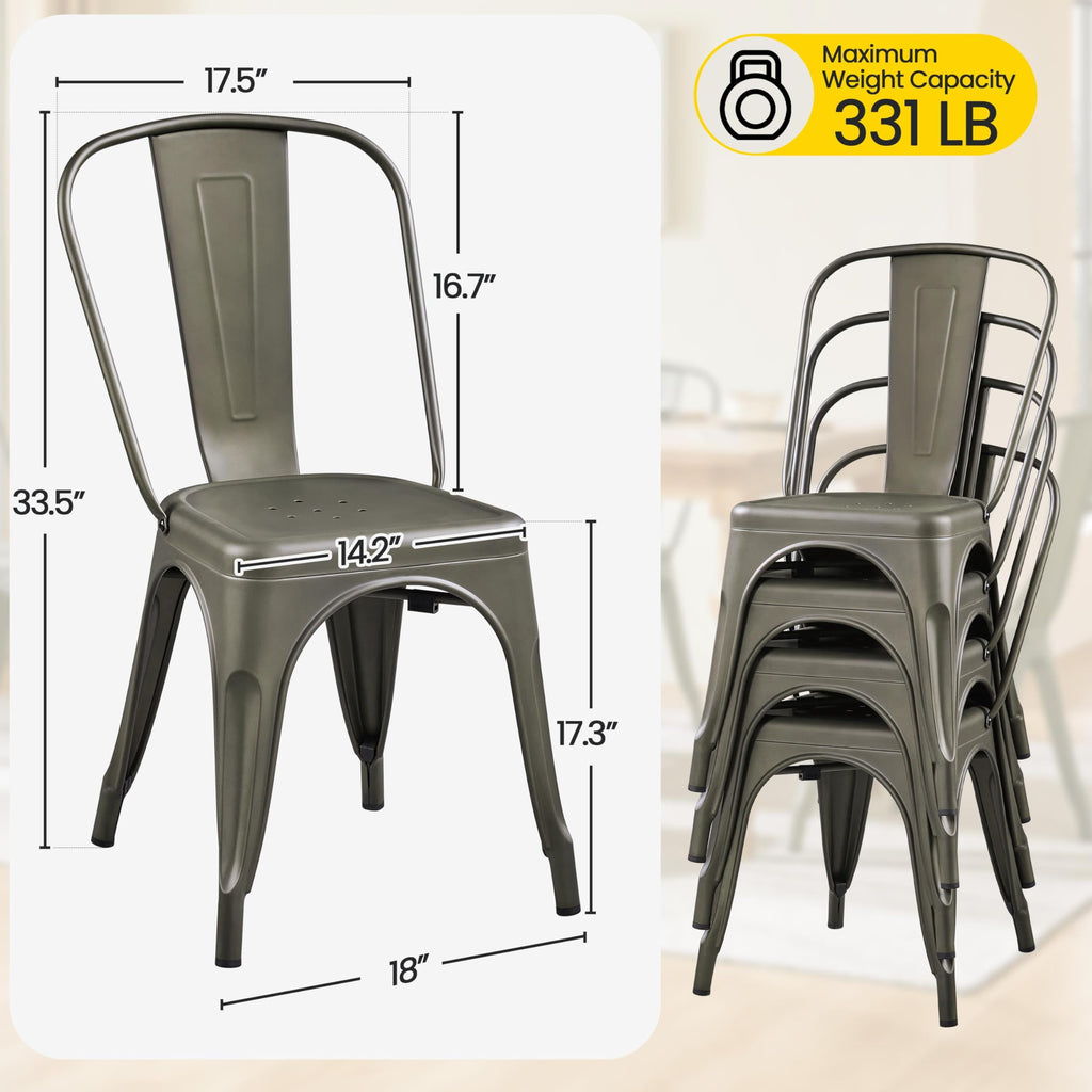 Metal Chairs Set of 4, Stackable Dining Chairs with Backs, Metal