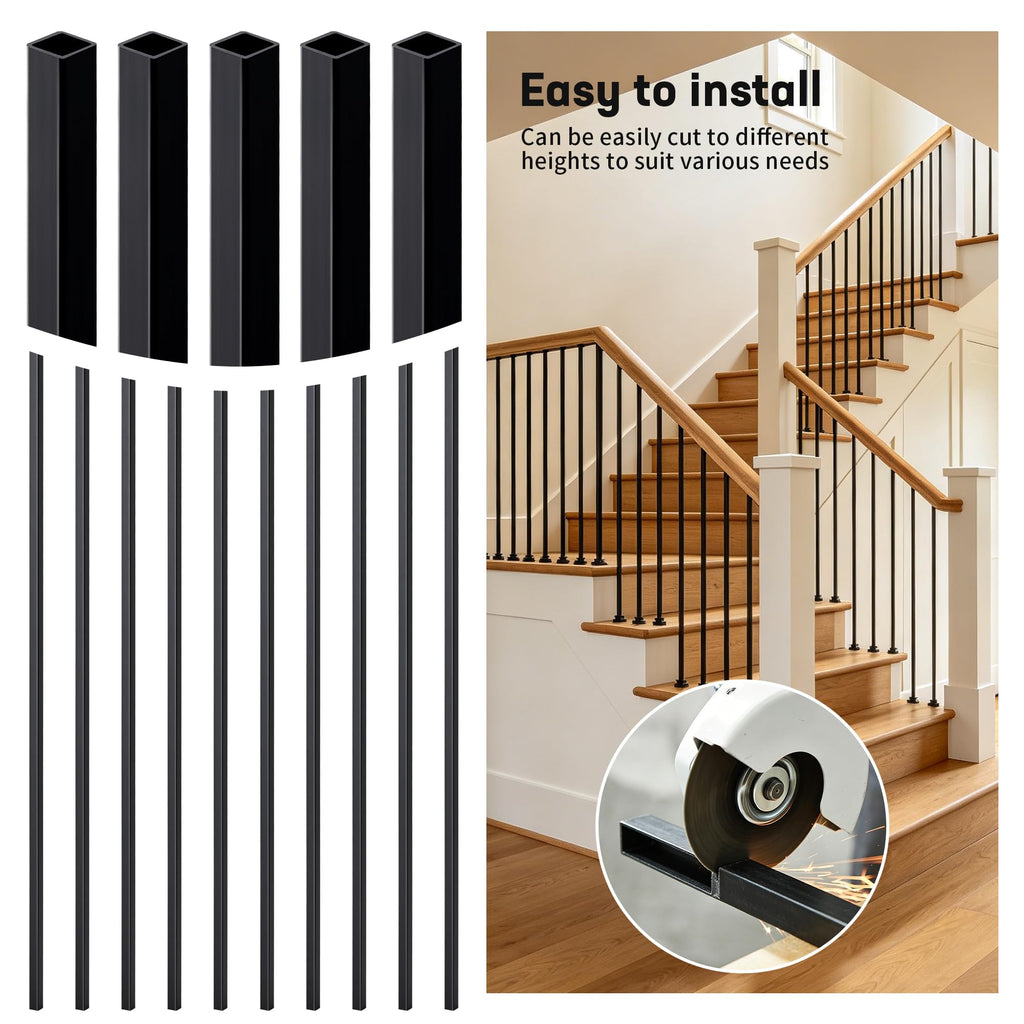 Square Metal Stair Balusters 1/2" Hollow Wrought Iron Spindles for Indoor Staircase & Deck Railing 44" Long Plain