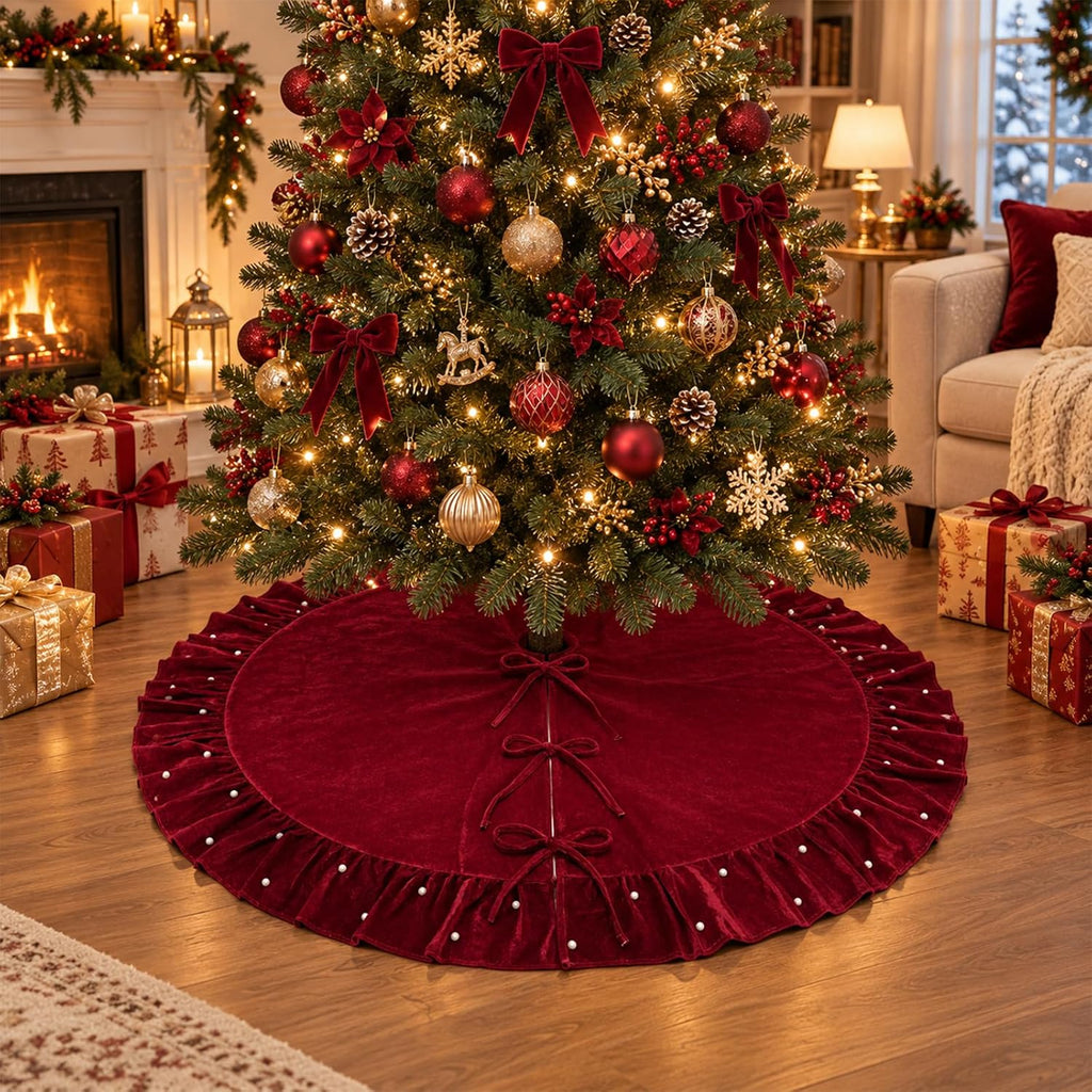 Christmas Velvet Tree Skirt 60 Inch, Wine Red Burgundy Xmas Tree Skirt with Pearl Beaded Ruffle Trim and 3 Bow Ties