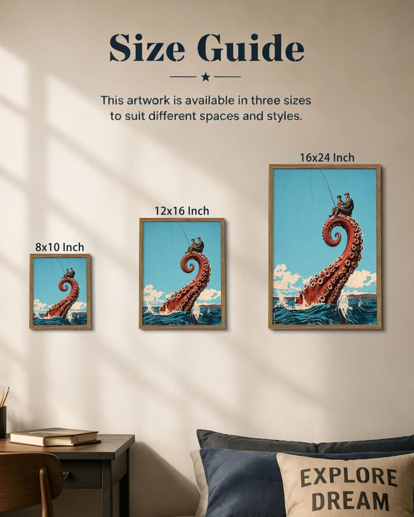 Framed Funny Octopus Canvas Wall Art Print Picture, Whimsical Sea Life Wall Decor Painting, Surreal Fisherman Sitting
