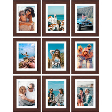 5x7 Picture Frames Set of 9 for Wall or Tabletop Display, Walnut