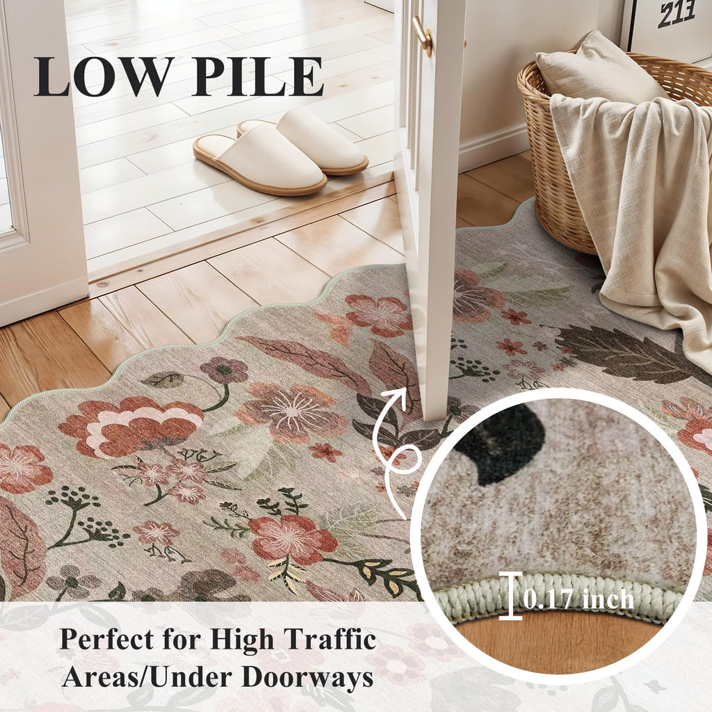 Washable Hallway Runner Rug - Scalloped Floral Kitchen Rug Beige Brown
