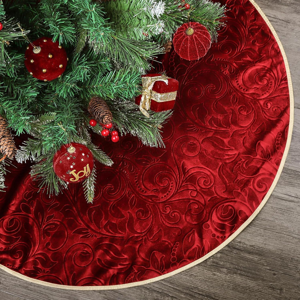 36 Inch Christmas Tree Skirt, Velvet Red Tree Skirts, Xmas Tree Skirts with Embossed Floral Pattern for Merry