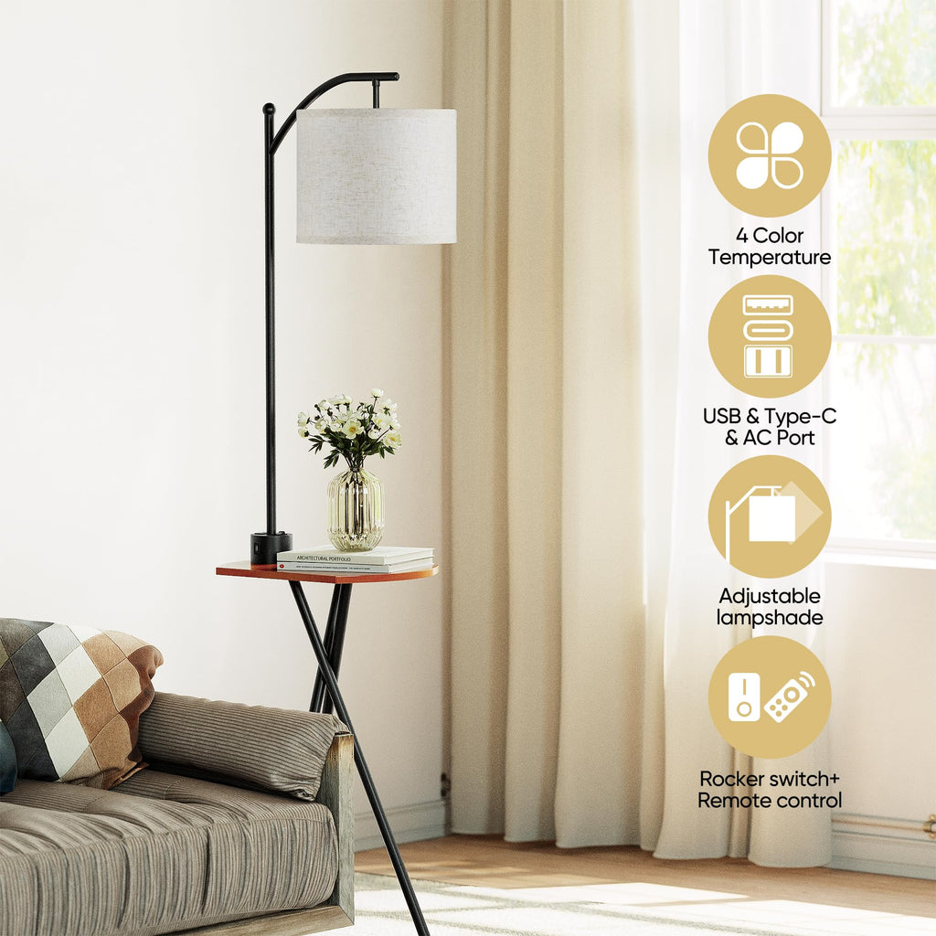 Floor Lamp with Table, End Table Lamp with Remote Control and Charging Station(USB A & Type-C & AC Port), 4 Color