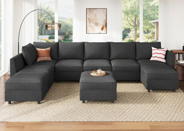 Modular Sectional Sofa with Storage, U Shaped Couch Modular Convertible Sectional Couches - Linen Grey