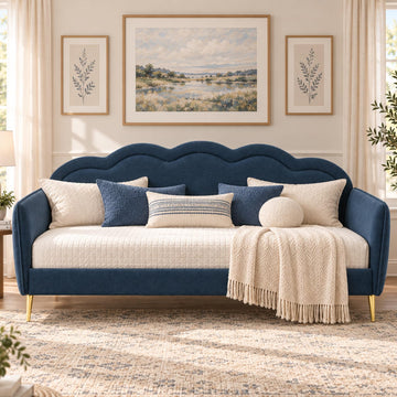 Twin Size Upholstered Daybed with Cloud-Shaped Backrest, Blue