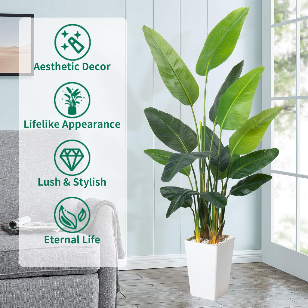 Bird of Paradise Artificial Plant 6.8FT, Faux Tropical Palm Tree with White Tall Planter, Large Fake Plants in Pot