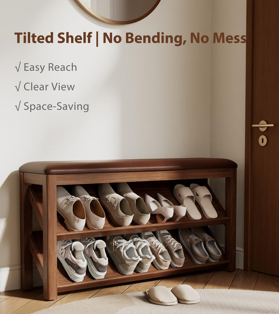 Rubberwood Shoe Bench with Leather Cushion and Slanted Shelves