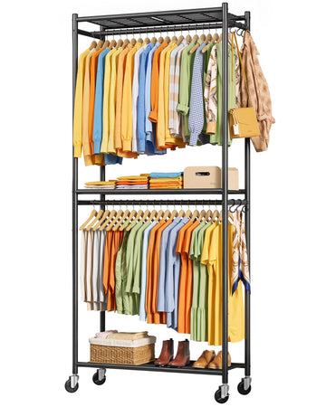 Clothes Rack - 33.0" x 12.2" x 79.5" Clothing Rack with Shelves & Wheels, Multi-Functional Wardrobe Closet with