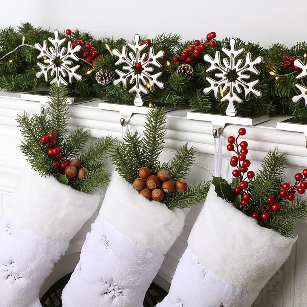 8 Pcs Christmas Stockings with Holder Set Includes 4 Faux Fur Stocking Ornaments 4 Mantle Snowflake Stocking Hangers