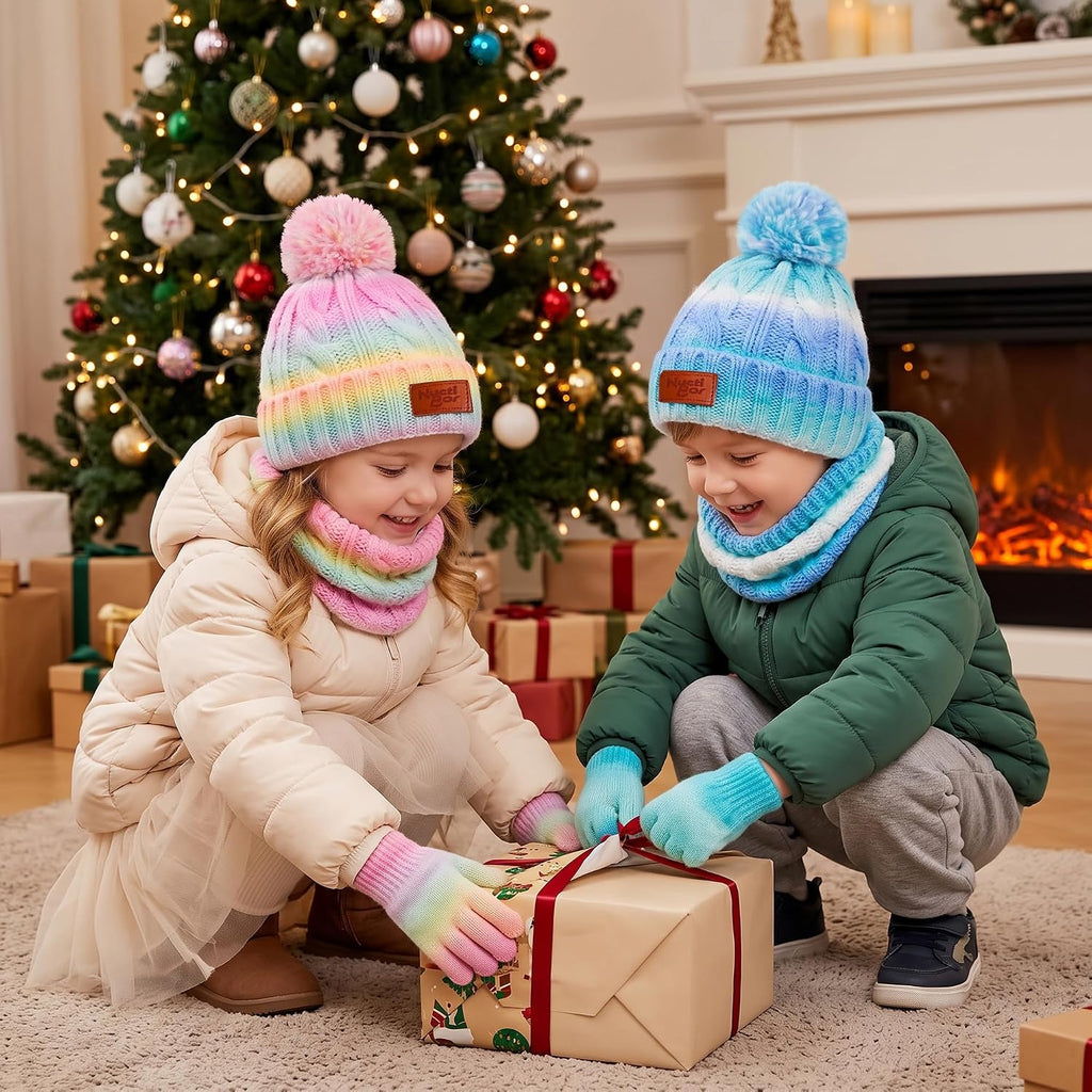 Toddler Kids Winter Hat Gloves Scarf Set for 2-7 Years, Warm Knit Boys Girls Hats Fleece Pompoms Beanies Neck Warmer