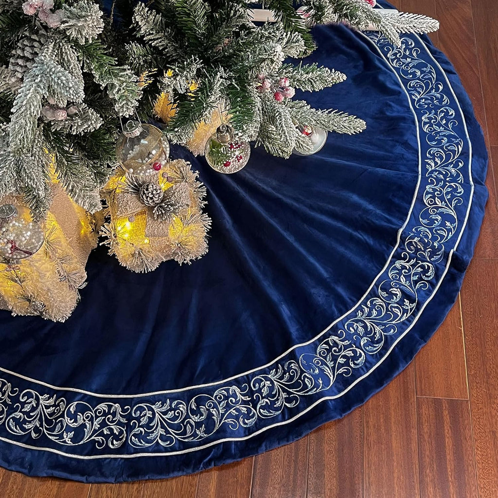 Christmas Tree Skirt 60 inch, Blue Luxury Velvet Plush Faux Fur Extra Large Skirts with Silver Embroidered Vintage