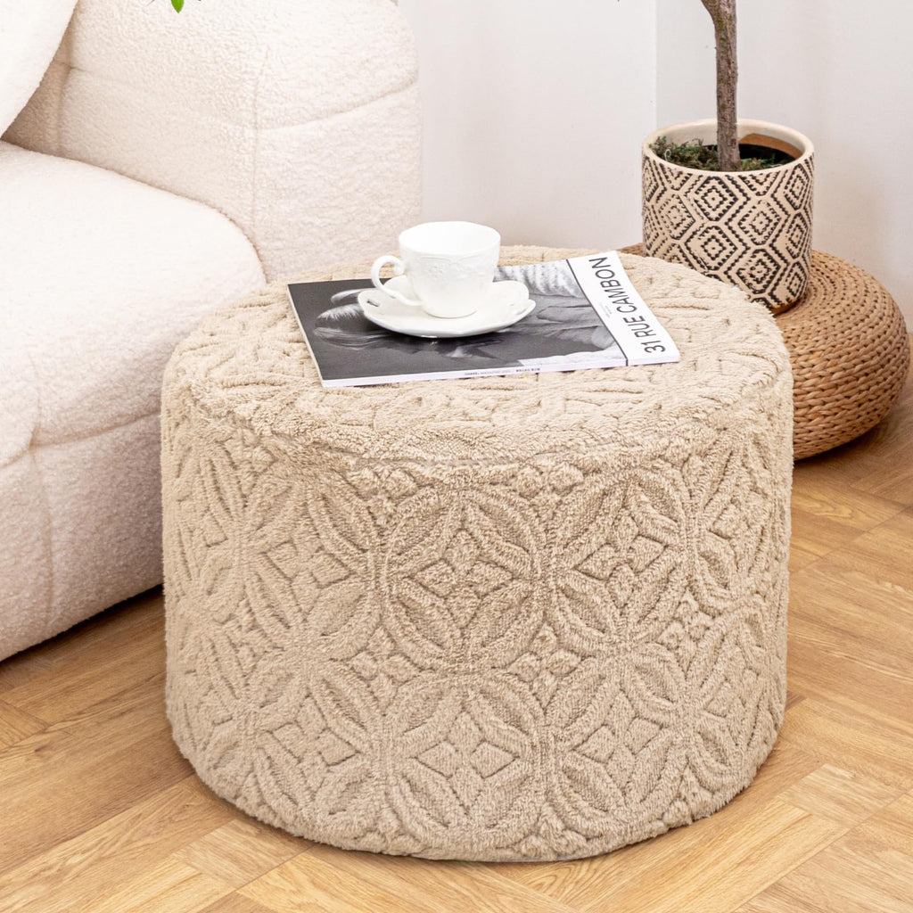 Functional Ottoman Pouf - Ergonomic Ottoman Foot Rest for Couch (Light Coffee, 20x20x14 Inches, Round)