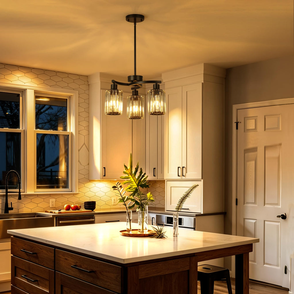 3 Light Black Crystal Chandelier, Glam Pendant