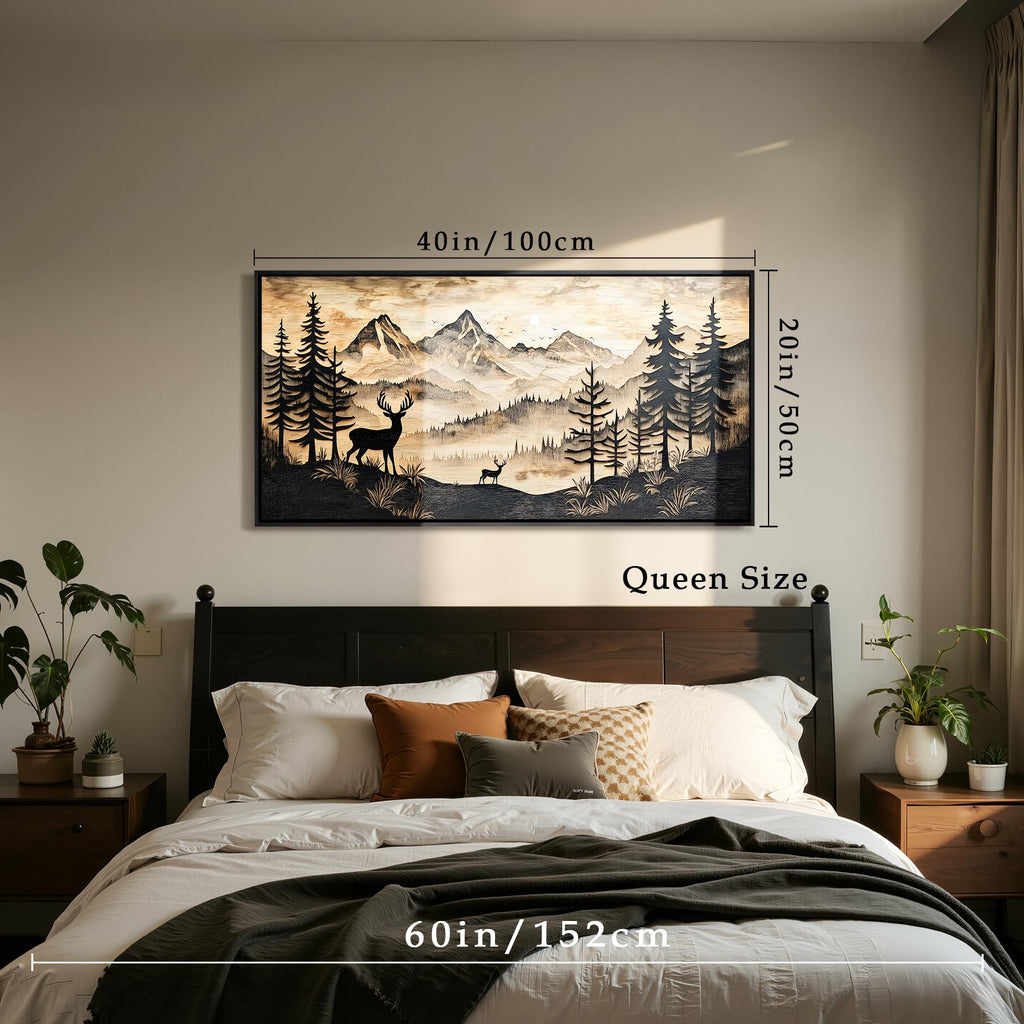 Framed Forest Wall Art, Deer Rustic Landscape Wall Decor 20"x40"