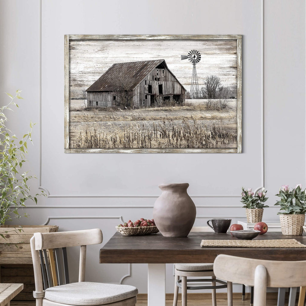Large Vintage Farmhouse Windmill Framed Wood Wall Art 45"x30"