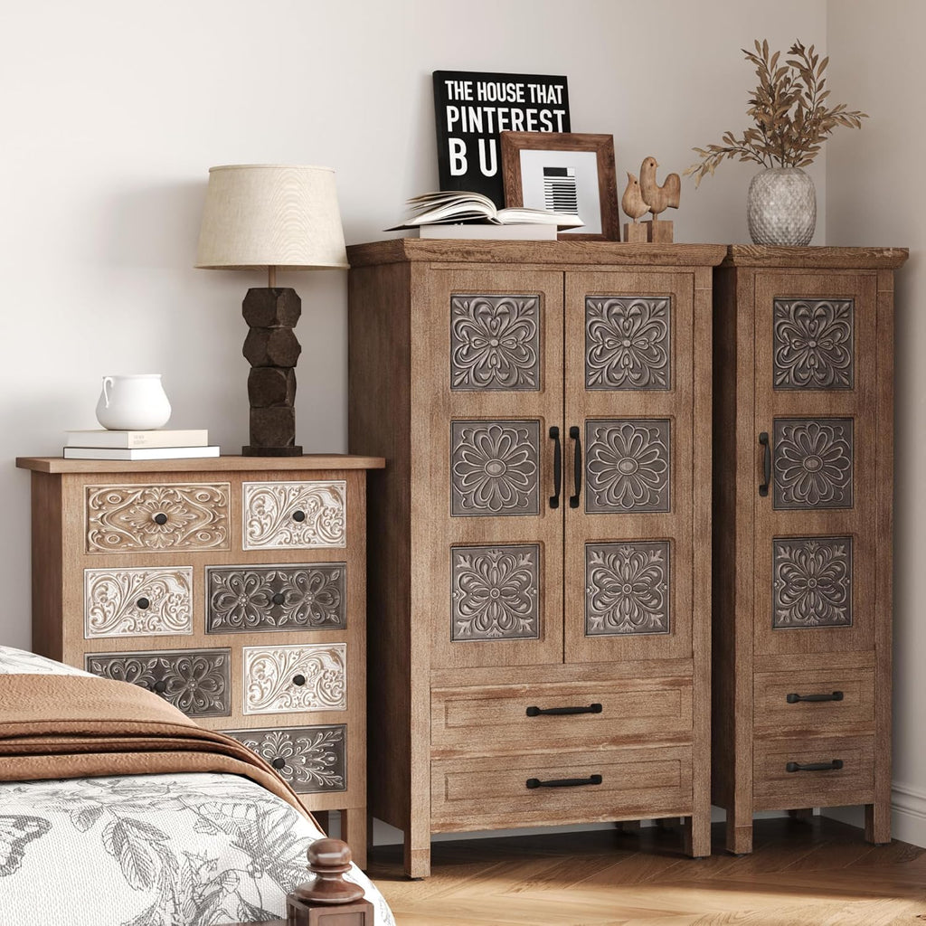 Vintage Accent Cabinet with 8 Hand-Carved Drawers, Boho Rustic Wood Storage Chest, Fully Assembled Distressed