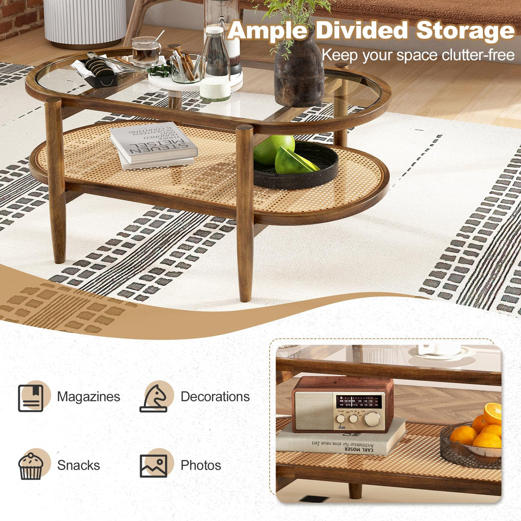 Boho Coffee Table, 2-Tier Center Table with Tempered Glass Tabletop & PE Rattan Storage Shelf, Mid Century Modern Tea