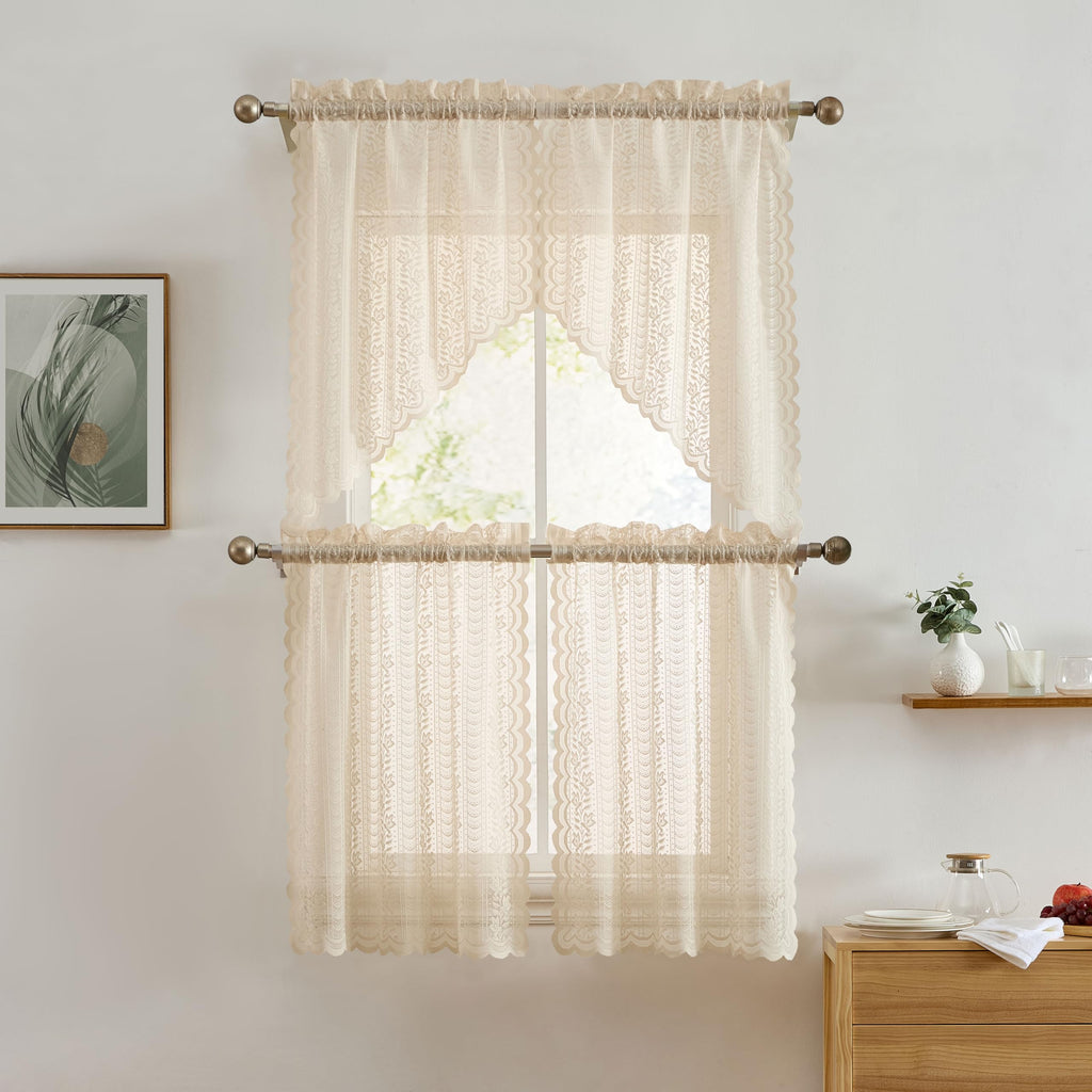 Sophia Lace Swag Curtains, Kitchen Valance - Linen Taupe, 28x36, Set of 2