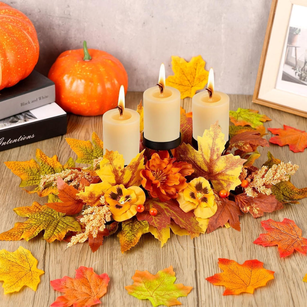 Fall Thanksgiving Centerpiece with 3 Candle Holders Harvest Table Centerpiece Decorations Autumn Maple Leaves - Set of 3