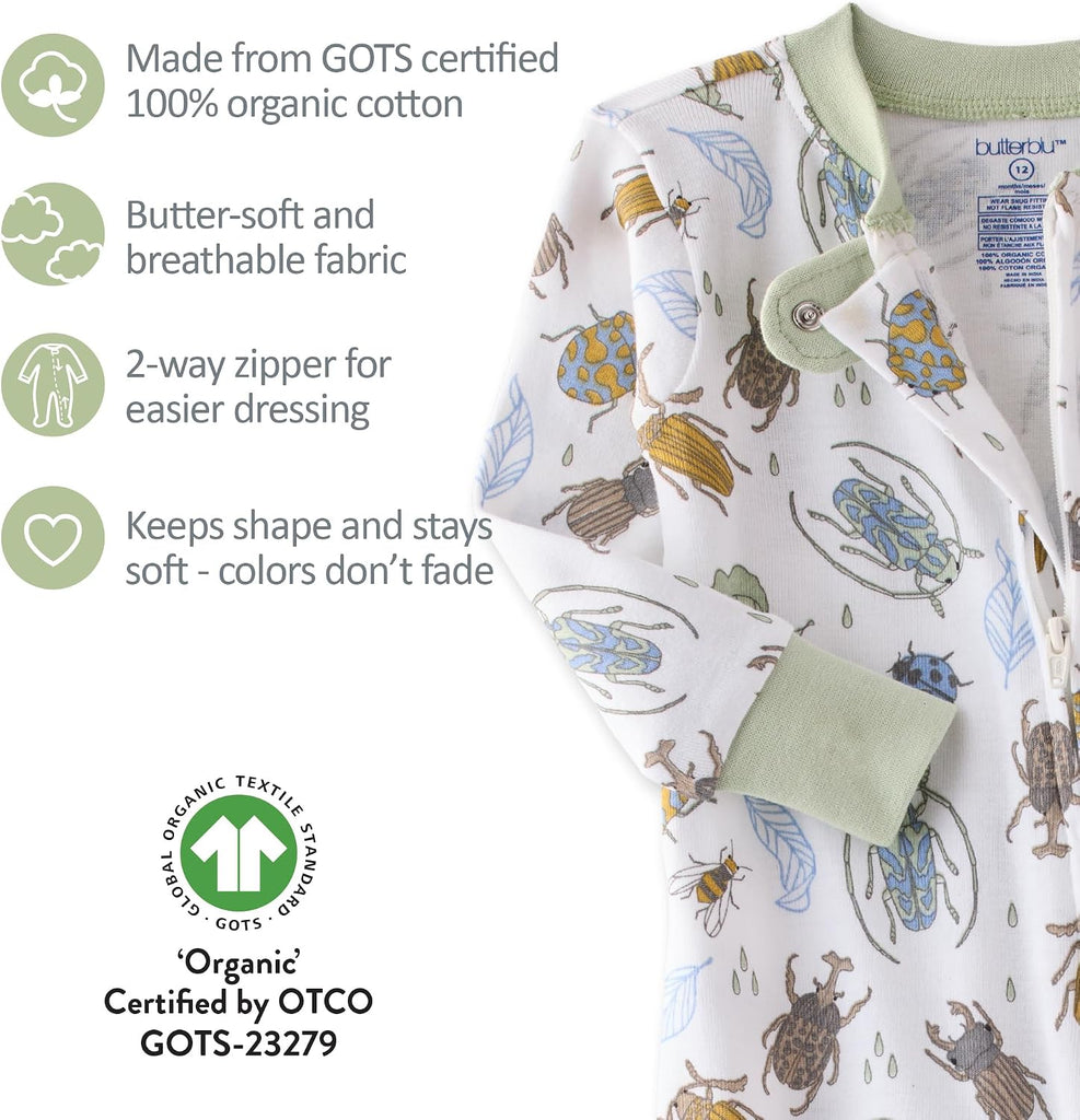 Cruz Snug-fit Footed Pajamas 100% Organic Cotton Zip Front PJs