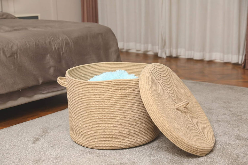 16x18 Inch Extra Large Round Cotton Rope Storage Basket with Lid, Decorative Woven Bin with Cover Bedroom Closet