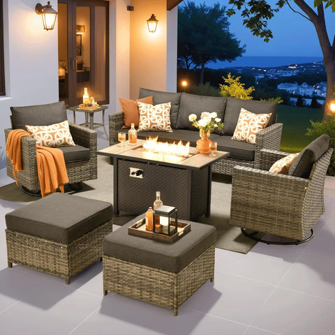 7 Pieces Patio Furniture Set with 42" Fire Pit Table, Outdoor Wicker Sofa with Swivel Chairs