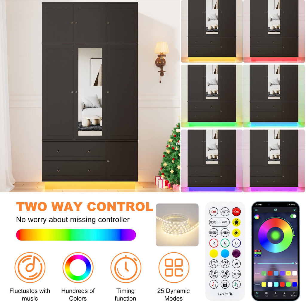 92.2" Tall Armoire Wardrobe Closet with Mirror & Motion Sensor Light, Large Storage Cabinet with 2 Drawers, Hanging