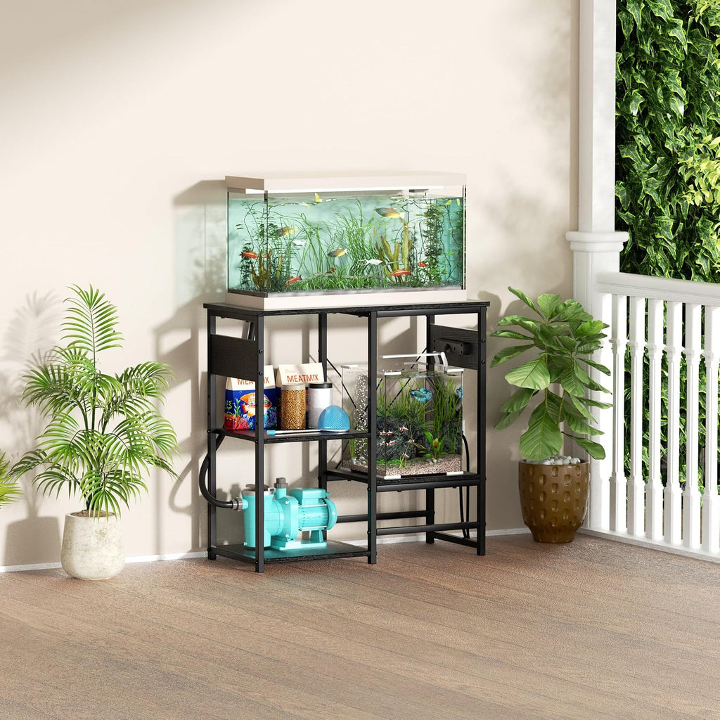 20-30 Gallon Fish Tank Stand with Power Outlets, 4 Tier Metal Aquarium Stand with Wood Storage Shelves, 30.7" L x