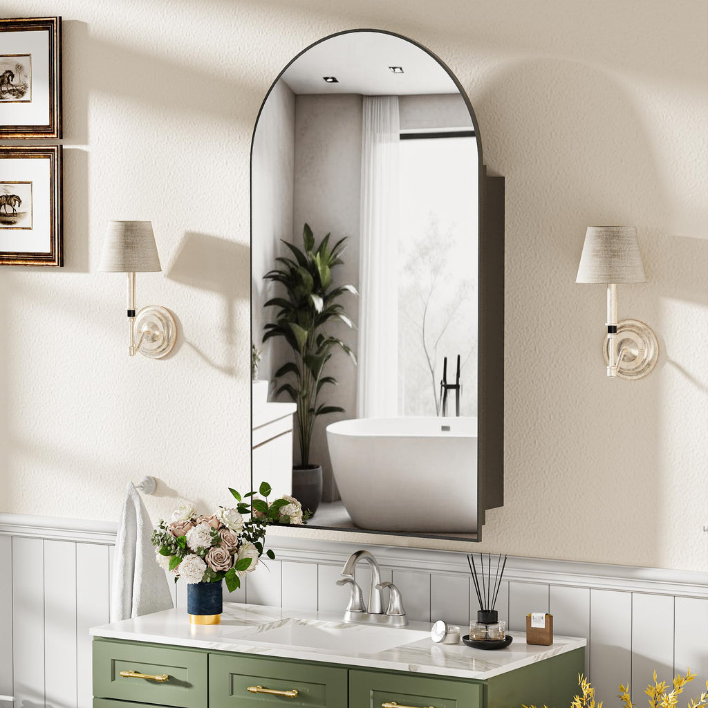 Medicine Cabinet with Mirror, Bathroom Wall Cabinet with Adjustable Shelves Arch Metal Storage Cabinet Bedroom (No