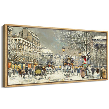 Extra Large Framed Canvas Print Wall Winter Cityscape Street Scene in Snow Antique Retro Fine Illustrations